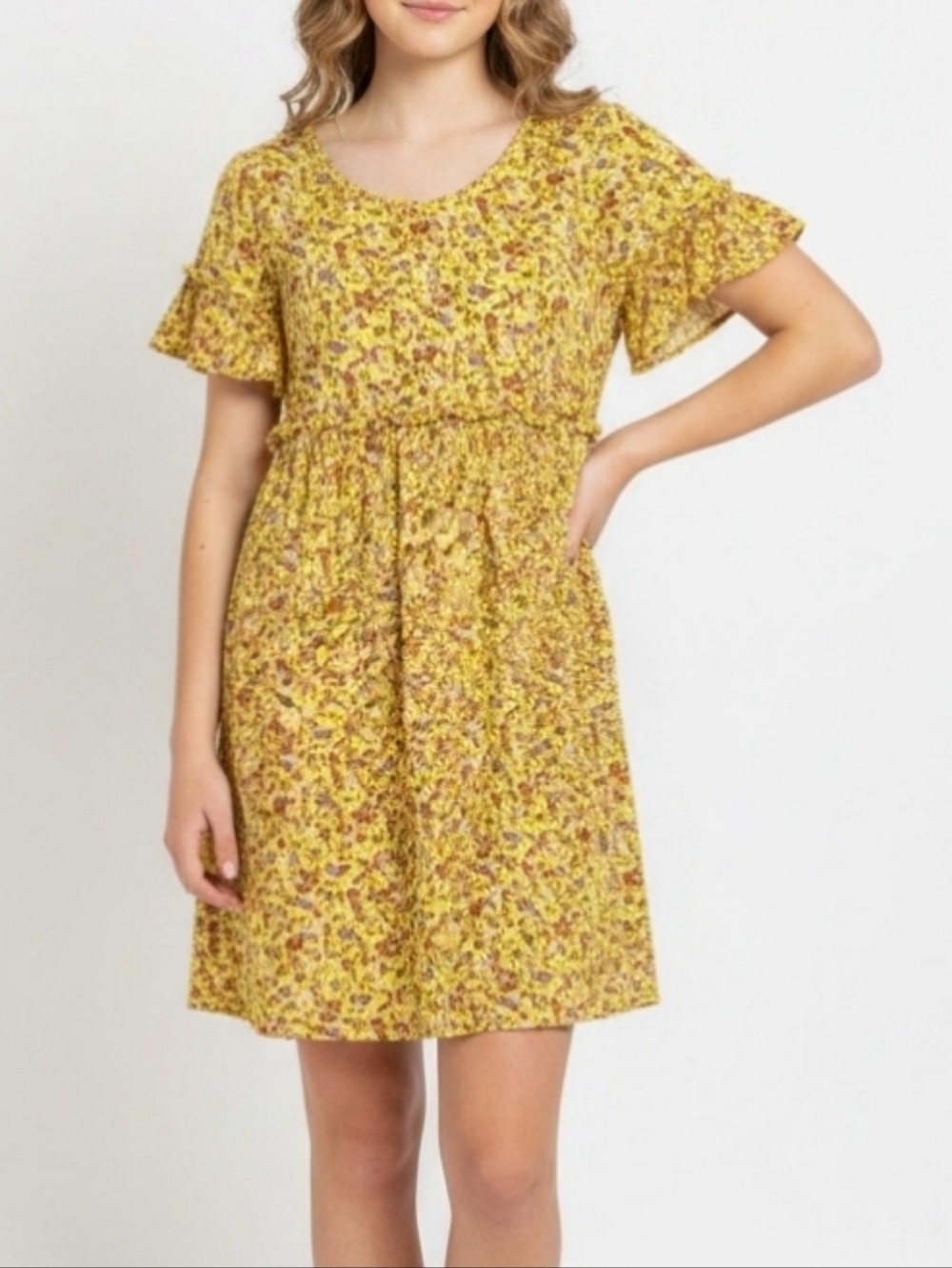Love, Fire Juniors Yellow With Ditsy Floral Summer Dress Sz XL Casual Comfort